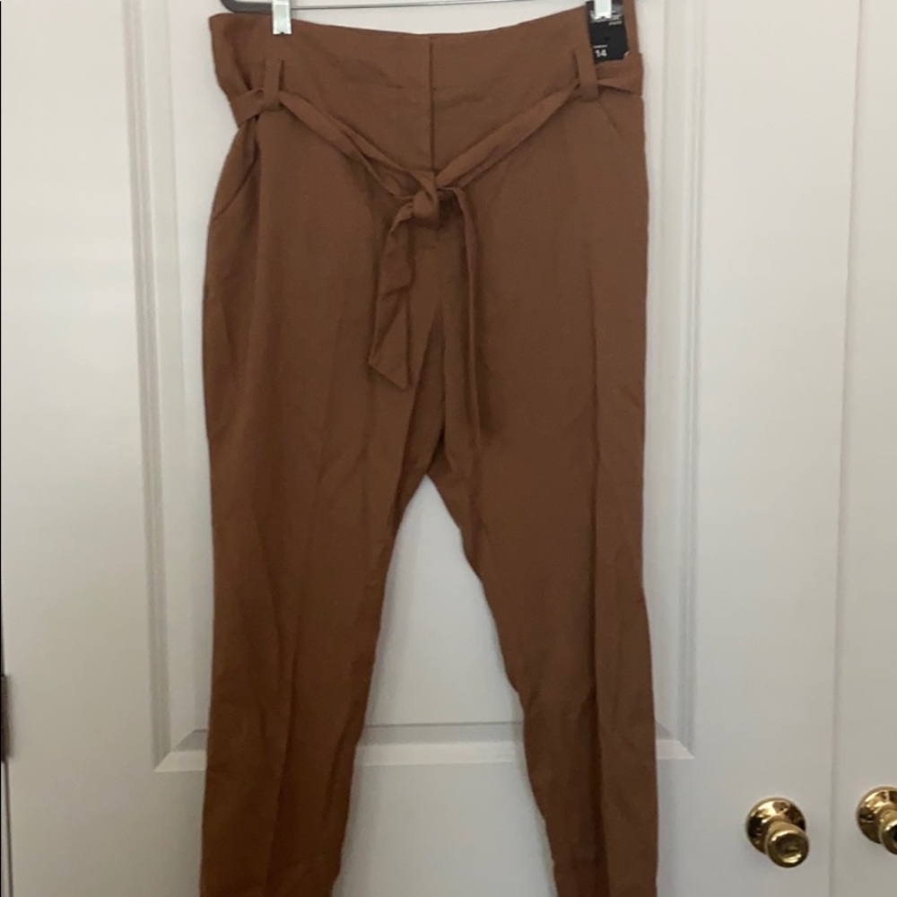 Tan, tie front, high waist slacks